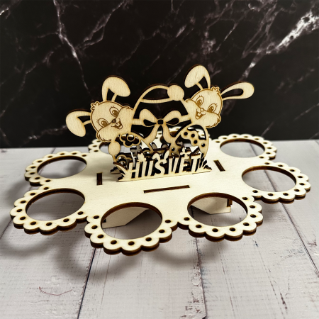 Decoratiuni - Suport din lemn pentru ouă cu iepurași și text Húsvét – decor Paște handmade