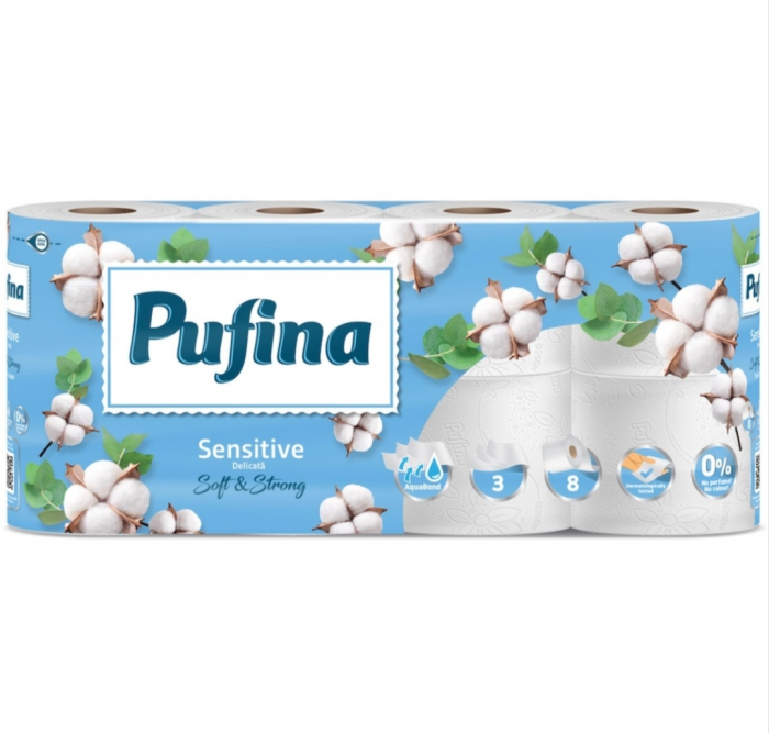 Hârtie Igienică Pufina Sensitive 8 Role 3 Straturi - Delicatețe pentru Pielea Sensibilă [1]
