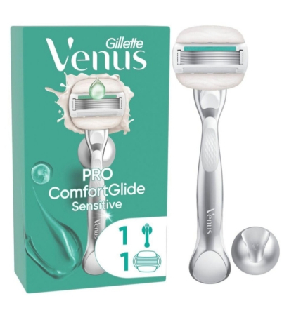 Aparate de ras .Rezerve Ras, Geluri de Ras și After-shave - Aparat De Ras Gillette Venus Pro Comfortglide Sensitive Pentru Femei Cu Aloe Vera, 1 Lama De Schimb, Maner Metalic Durabil Si Suport Pentru Dus