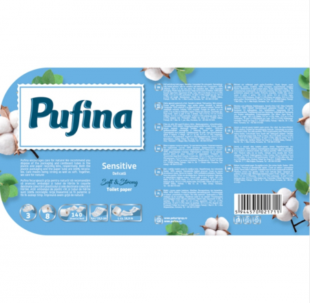 Hârtie Igienică Pufina Sensitive 8 Role 3 Straturi - Delicatețe pentru Pielea Sensibilă [1]