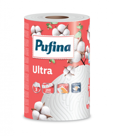 Hârtie Igienică și Prosoape de Hârtie - Prosop de Bucătărie Pufina Ultra 3 Straturi 160 Foi - Absorbție Maximă