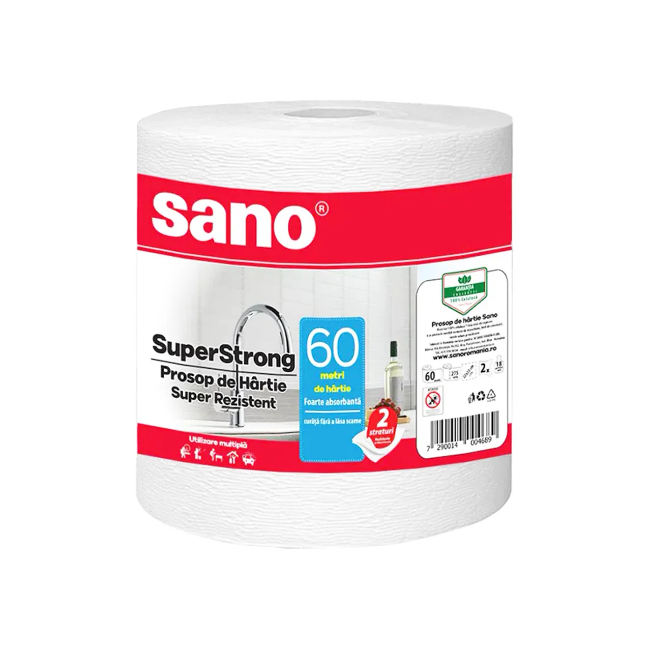 Hârtie Igienică și Prosoape de Hârtie - Sano Prosop de Hârtie cu 2 Straturi, Rola 60m - Rezistență și Absorbție