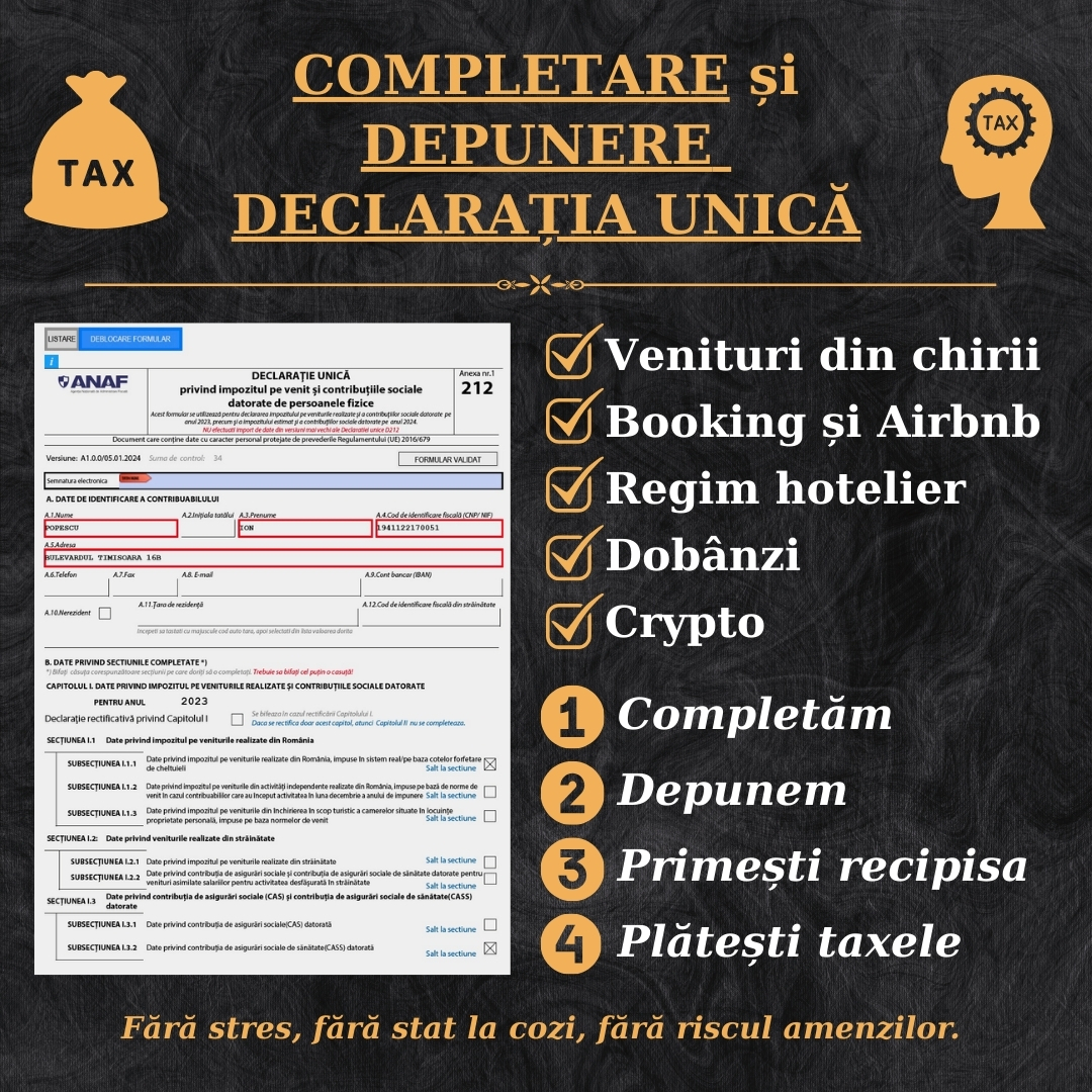 completare declarație unică 2025, depunere declarație unică 2025, ajutor declarație unică 2025, cine mă ajută cu declarația unică, serviciu completare declarație unică, completare declarație unică venituri chirii, consultanță declarație unică regim hotelier, completare declarație unică Booking Airbnb, declarație unică venituri din chirii, depunere online declarație unică, amendă întârziere declarație unică, risc necompletare declarație unică, ce se întâmplă dacă nu depun declarația unică, depunere urgentă declarație unică, corectare declarație unică depusă greșit, declară fără stres, scapă de declarația unică rapid, rezolvare rapidă declarație unică, serviciu rapid completare declarație unică, completare fără erori declarație unică, cât costă completarea declarației unice 2025, cine completează declarația unică pentru mine, completare și depunere declarație unică fără SPV, ajutor completare declarație unică Airbnb Booking, depunere declarație unică online 2025 fără erori. [1]