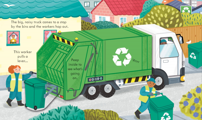 Masina de reciclare, cu ferestre, "Peep Inside How a Recycling Truck Works", Usborne [3]