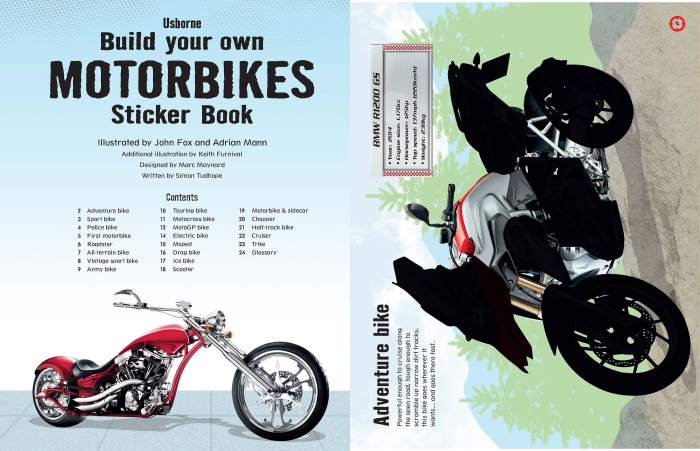 Carte cu stickers construieste propria motocicleta!, "Build Your Own Motorbikes Sticker Book", Usborne [3]
