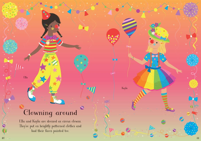 Carte cu stickers de imbracat papusi, Carnaval, "Little Sticker Dolly Dressing Carnival", Usborne [7]