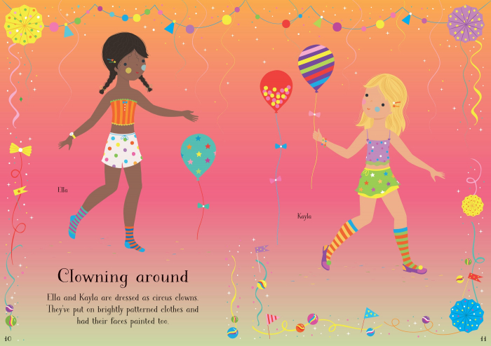 Carte cu stickers de imbracat papusi, Carnaval, "Little Sticker Dolly Dressing Carnival", Usborne [6]