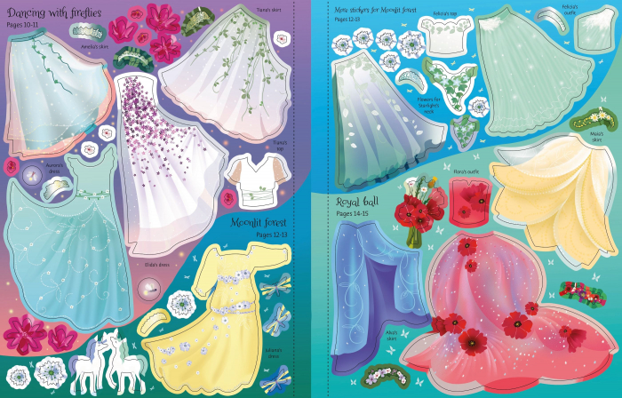 Carte cu stickers de imbracat papusi, Zane printese, format mare, "Sticker Dolly Dressing Fairy Princesses", Usborne [2]