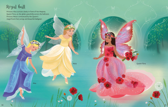 Carte cu stickers de imbracat papusi, Zane printese, format mare, "Sticker Dolly Dressing Fairy Princesses", Usborne [8]