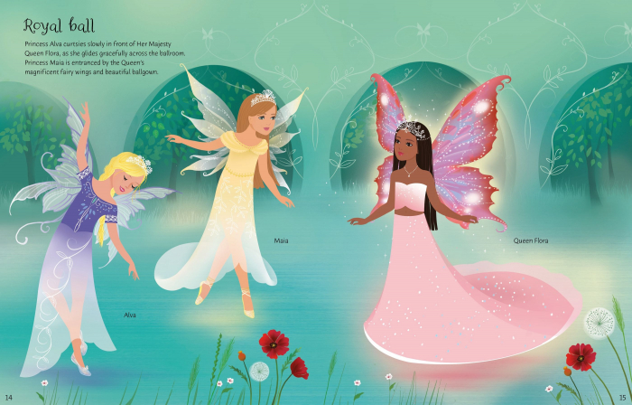 Carte cu stickers de imbracat papusi, Zane printese, format mare, "Sticker Dolly Dressing Fairy Princesses", Usborne [7]