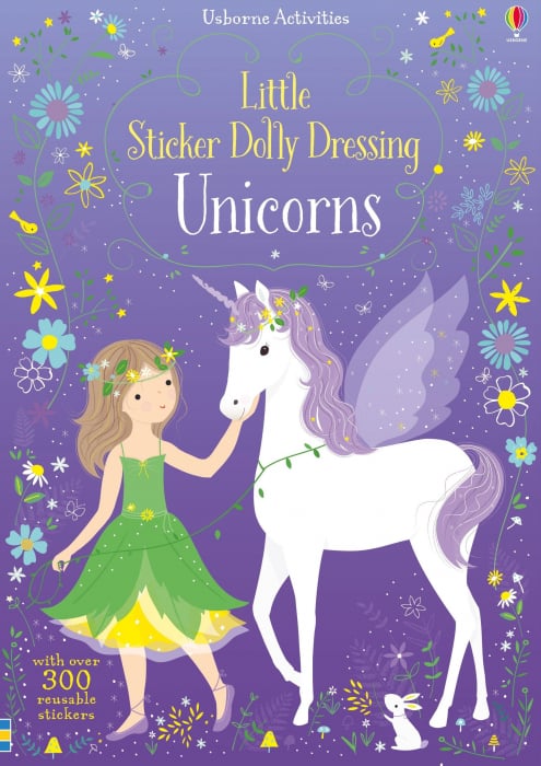 Carte cu stickers de imbracat papusi, Unicorni, format mic, "Sticker Dolly Dressing Unicorns", Usborne [1]