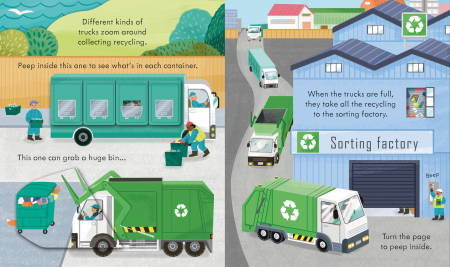 Masina de reciclare, cu ferestre, "Peep Inside How a Recycling Truck Works", Usborne [1]