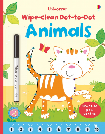 Carte de activitati scrie si sterge "Wipe-clean Dot-to-dot Animals", reutilizabila, Usborne