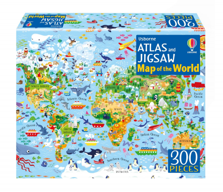 Puzzle - Puzzle + carte "Atlas and Jigsaw Map of the World", 300 de piese, Usborne