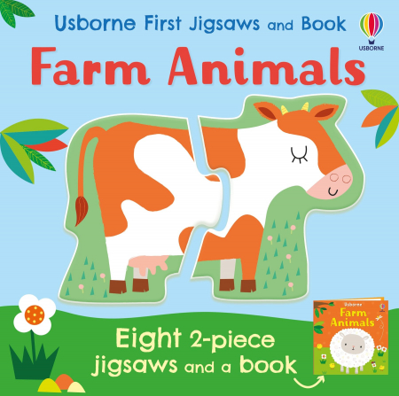 Ferma - Set de 8 puzzle-uri + carte "First Jigsaws and Book: Farm Animals", 2 piese, Usborne