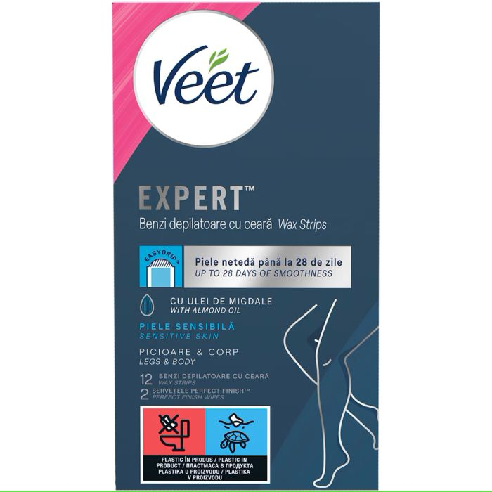 Benzi Depilatoare cu ceara,picioare/corp,piele sensibila,cu ulei de migdale Veet [1]