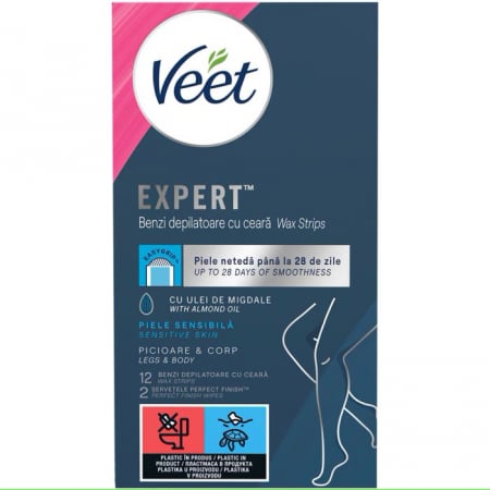 Produse Pentru Epilare - Benzi Depilatoare cu ceara,picioare/corp,piele sensibila,cu ulei de migdale Veet