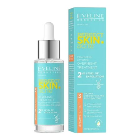 Seruri - Ser tratament de noapte cu complex 10% acizi AHA + BHA + PHA - gradul 2 de exfoliere, Perfect Skin Acne Eveline 30 ml