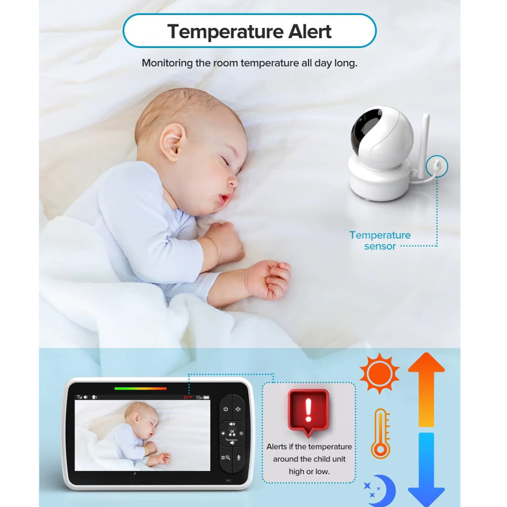 Baby Monitor / Sistem de Monitorizare Video si Audio Pentru Bebelusi,  Vedere Noctura cu Infrarosu, Ecran LCD Color 5 inch, Monitor de Temperatura, Cantece de Leagan, Sunet Bidirectional, Notificari,  [5]