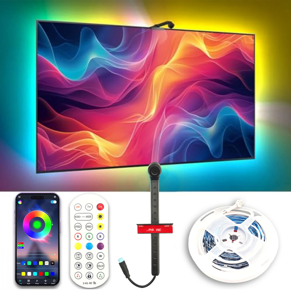 Banda LED RGBIC pentru TV, Bluetooth, Sincronizare Imagine, Inteligenta, TV Backlight, Control Aplicatie sau Telecomanda, Compatibila cu Diagonala TV 65-75 Inches, 5 m [1]