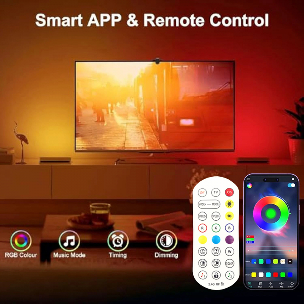 Banda LED RGBIC pentru TV, Bluetooth, Sincronizare Imagine, Inteligenta, TV Backlight, Control Aplicatie sau Telecomanda, Compatibila cu Diagonala TV 65-75 Inches, 5 m [2]