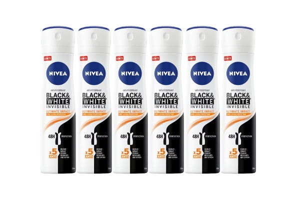 Set 6 X Nivea Antiperspirant Woman Deo 150ml Black&White Invisible Ultimate Impact, 0% Alcohol, Non-Irritating, 48h Protection [1]