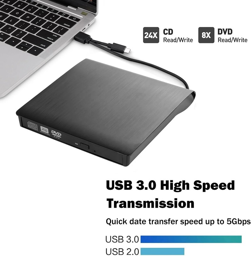 DVD Writer Extern, CD-RW, DVD-RW, Citire si Scriere CD/DVD, Compatibil cu Windows, Mac OS, Linux, Plug and Play, Alimentare USB 3.0 sau USB Type-C, Negru, [3]