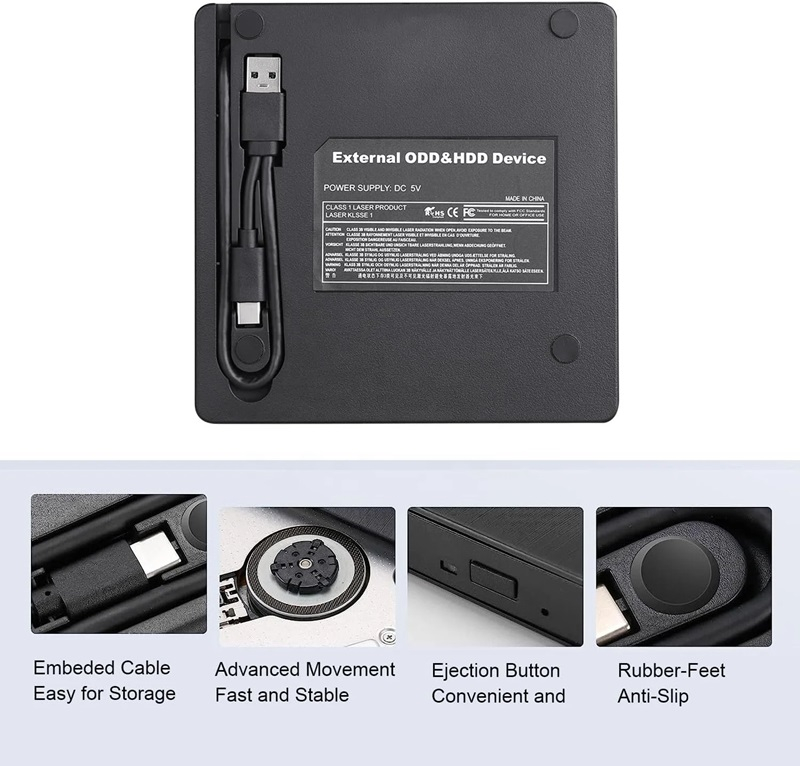 DVD Writer Extern, CD-RW, DVD-RW, Citire si Scriere CD/DVD, Compatibil cu Windows, Mac OS, Linux, Plug and Play, Alimentare USB 3.0 sau USB Type-C, Negru, [2]