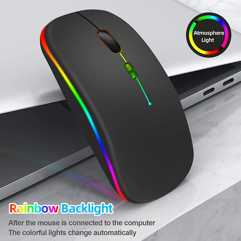 Mouse Wireless Reincarcabil, Iluminare RGB, Bluetooth 5.1 si 2.4GHZ, Reglabil 800/1200/1600DPI, Silentios, Ergonomic, Negru [3]