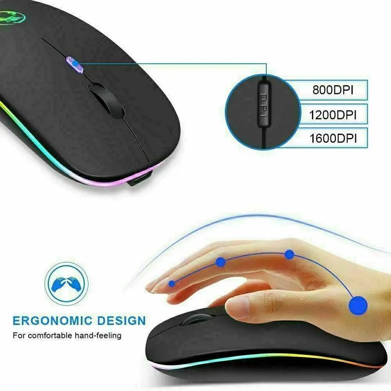 Mouse Wireless Reincarcabil, Iluminare RGB, Bluetooth 5.1 si 2.4GHZ, Reglabil 800/1200/1600DPI, Silentios, Ergonomic, Negru [4]