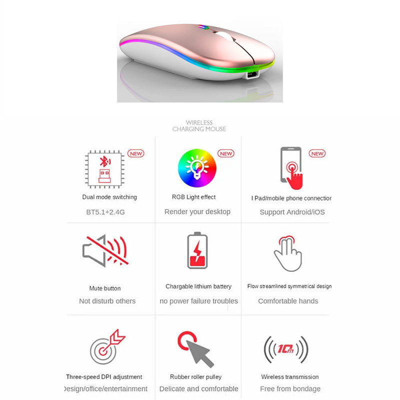 Mouse Wireless Reincarcabil, Iluminare RGB, Bluetooth 5.1 si 2.4GHZ, Reglabil 800/1200/1600DPI, Silentios, Ergonomic, Rose Gold [5]