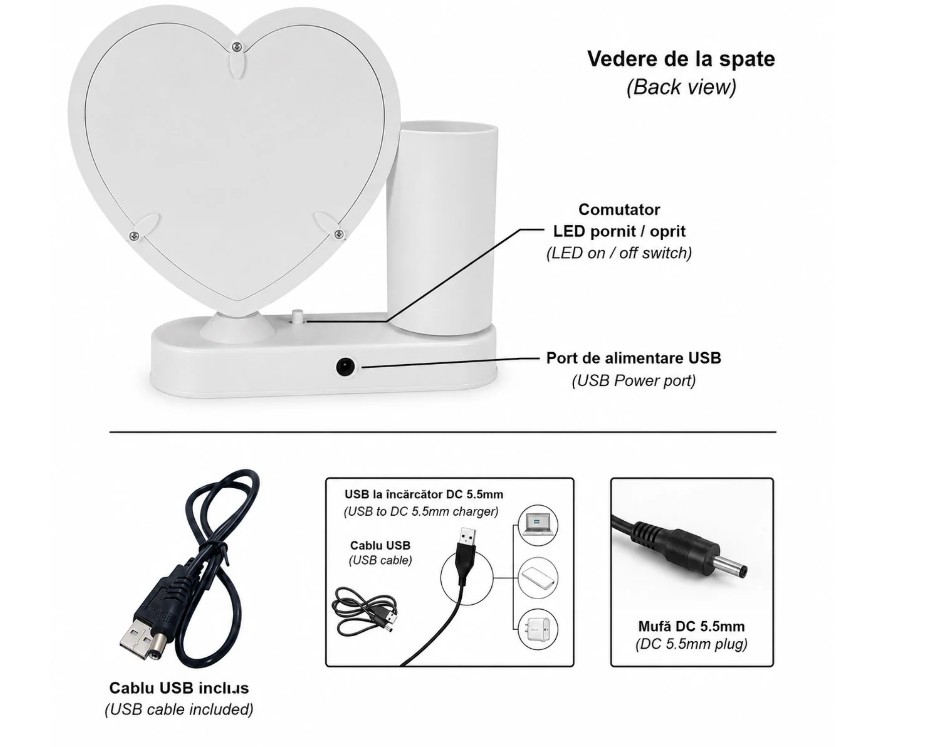 Oglinda magica cu insertie foto si lumina LED cu suport de pixuri - INIMA [6]