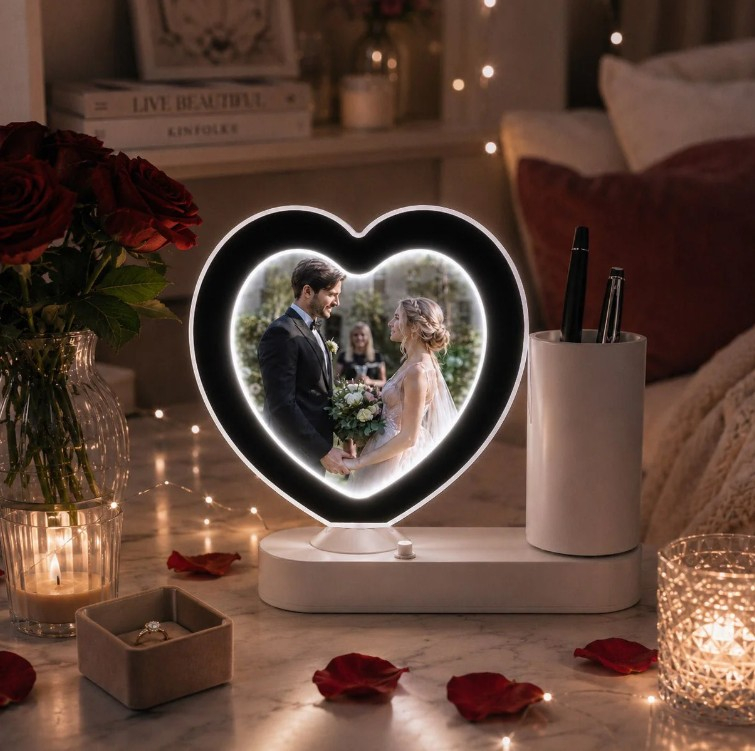 Oglinda magica cu insertie foto si lumina LED cu suport de pixuri - INIMA [7]