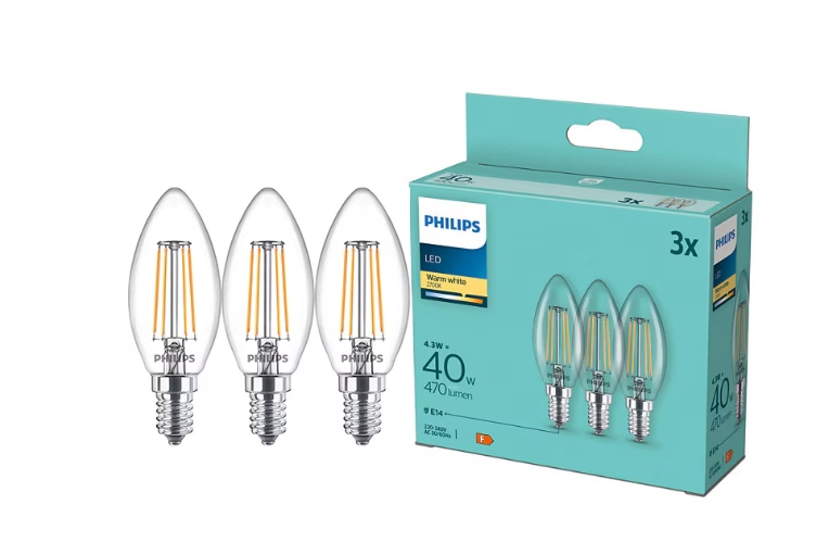 Pachet 3 becuri LED filament Philips, lumanare si lustra, B35, E14, 4.3W (40W), 470 lm, lumina alba calda (2700K), clasa energetica F [1]
