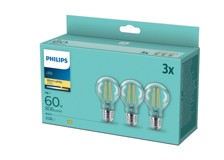 Pachet 3 becuri LED filament Philips, A60, E27, 7W (60W), 806 lm, lumina alba calda (2700K), clasa energetica E [2]