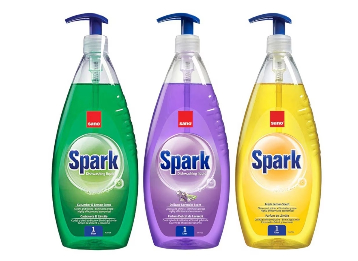 Set Detergent de Vase cu Pompita Sano Spark cu Castravete 1 l, cu Lavanda 1 l si cu Lamaie 1 l [1]