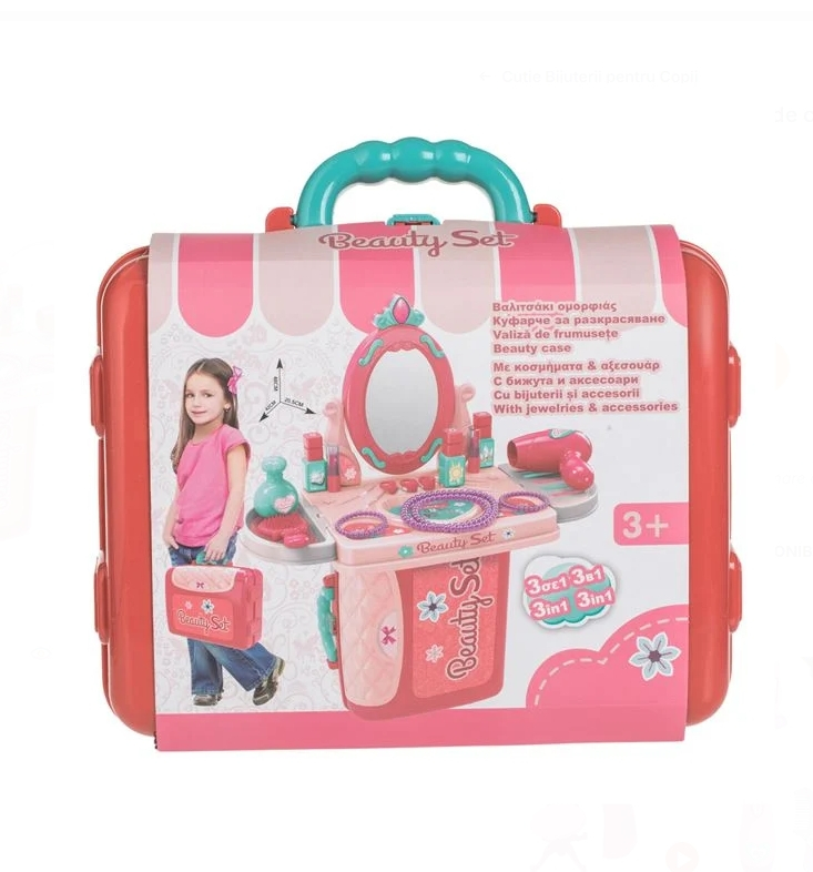 Valiza Cutie Bijuterii Roz Verde cu Oglinda & Accesorii 26x10x20cm - 14 piese [3]