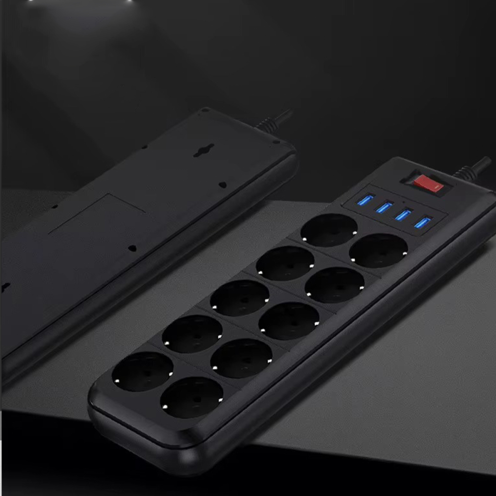 Prelungitor 10 prize si 4 porturi USB 3.1, intrerupator ON/OFF, lungime cablu 2m, protectie la suprasarcina si supratensiune, Negru [6]