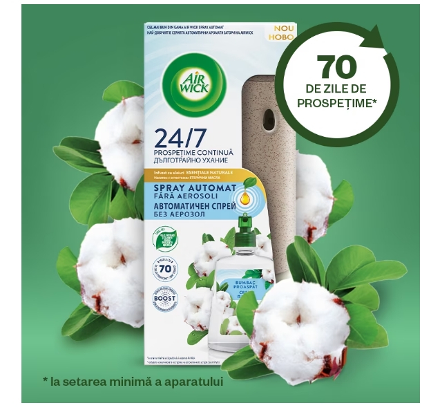 Odorizant de camera kit spray automat fara aerosoli Air Wick, Bumbac Proaspat, 228ml [4]
