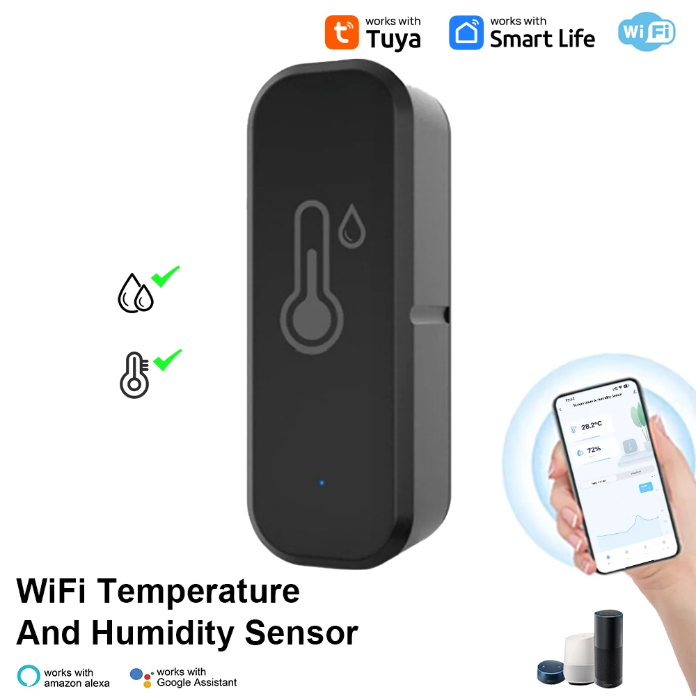 Senzor Temperatura si Umiditate, Compatibil cu Alexa/Google Home/Tuya/SmartLife, Monitorizare la Distanta, Wi-Fi 2,4 GHz, Negru [2]