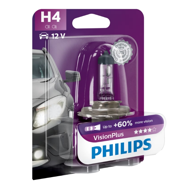 Bec auto cu halogen pentru far Philips H4 Vision Plus, +60%, 12V, 55W, 1 Buc [1]
