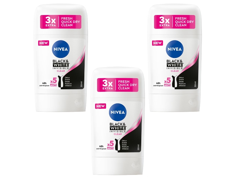 Set 3 antiperspirante Black & White Invisible Clear, Nivea, Testat dermatologic, Fara alcool, 48 h, 3 x 50 ml [1]