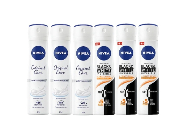 Set 6 X Nivea Antiperspirant Woman Deo 150ml, 3 X Black & White Invisible Ultimate Impact, 3 X Original Care, 0% Alcohol, Non-Irritating, 48h Protection [1]