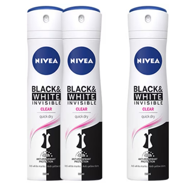 Deodorant spray Nivea Invisible for Black & White Clear, 3 x 150 ml [1]