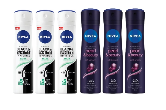 Set 6 X Nivea Antiperspirant Woman Deo 150ml, 3 X Black&White Invisible Fresh, 3 X Pearl&Beauty, 0% Alcohol, Non-Irritating, 48h Protection [1]