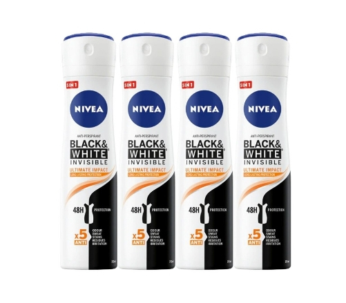 Set 4 X Nivea Antiperspirant Woman Deo 150ml Black&White Invisible Ultimate Impact, 0% Alcohol, Non-Irritating, 48h Protection [1]