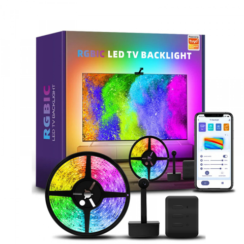 Banda LED RGBIC pentru TV, WiFI, Sincronizare Imagine, Inteligenta, TV Backlight, Control Aplicatie Tuya, Compatibila cu Diagonala TV 55-65 Inches, 3.8 m