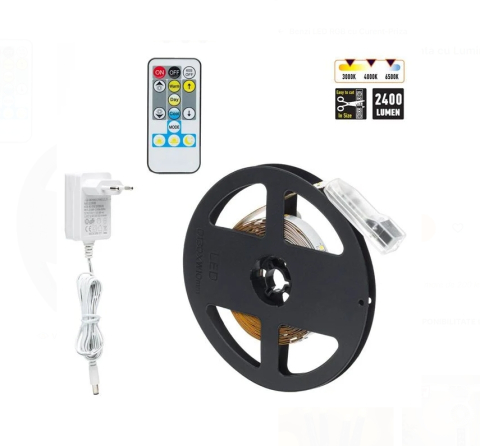 Lampi cu LED - Banda Strip Light Autocolanta cu Lumina Alba si Telecomanda 12V - 5m