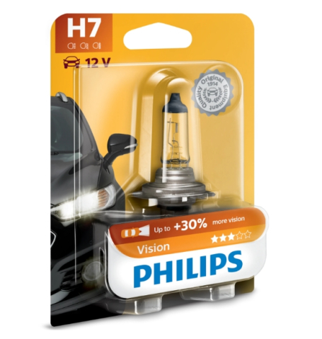 Becuri si sigurante auto - Bec auto cu halogen pentru far Philips H7 Vision, +30%, 12V, 55W, 1 Buc