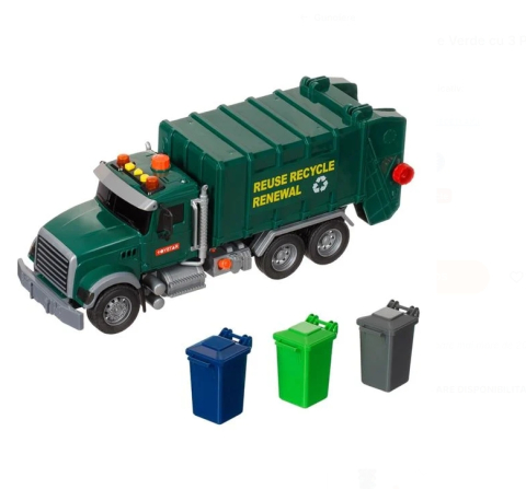 Jucarii baieti - Camion Gunier Jucarie Verde cu 3 Pubele Lumina & Sunet